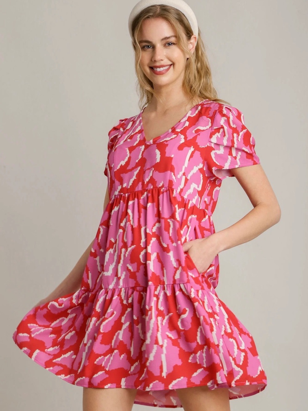 Women’s Pink & Red Printed V-Neck Tiered Dress